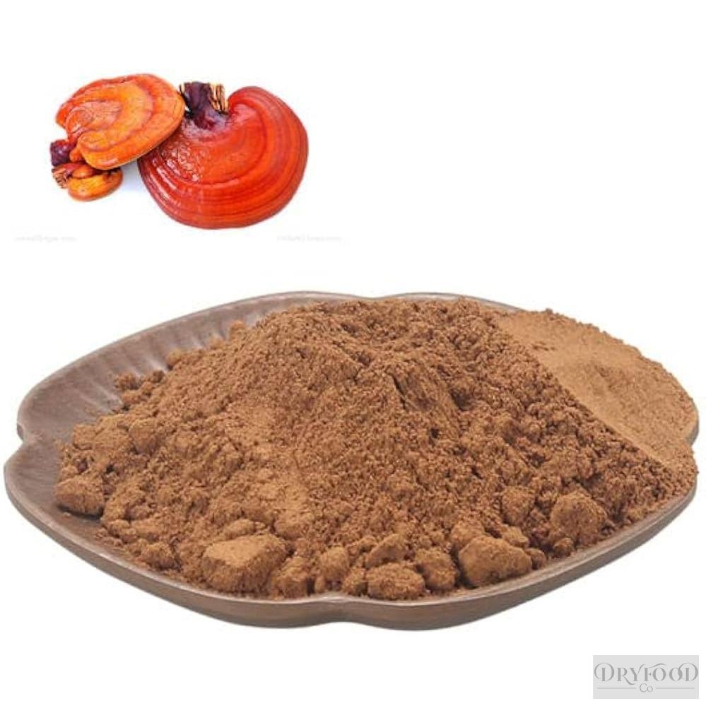 Close-up of vibrant Reishi mushroom extract powder, highlighting its high polysaccharide content and suitability for brewing into beverages or capsules to enhance liver detox and cortisol balance