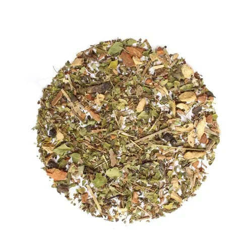 A steaming cup of Moringa Immunity Tisane showcasing vibrant hibiscus petals, fresh ginger, and lemongrass, highlighting its colorful, botanical ingredients and ruby-gold liquor