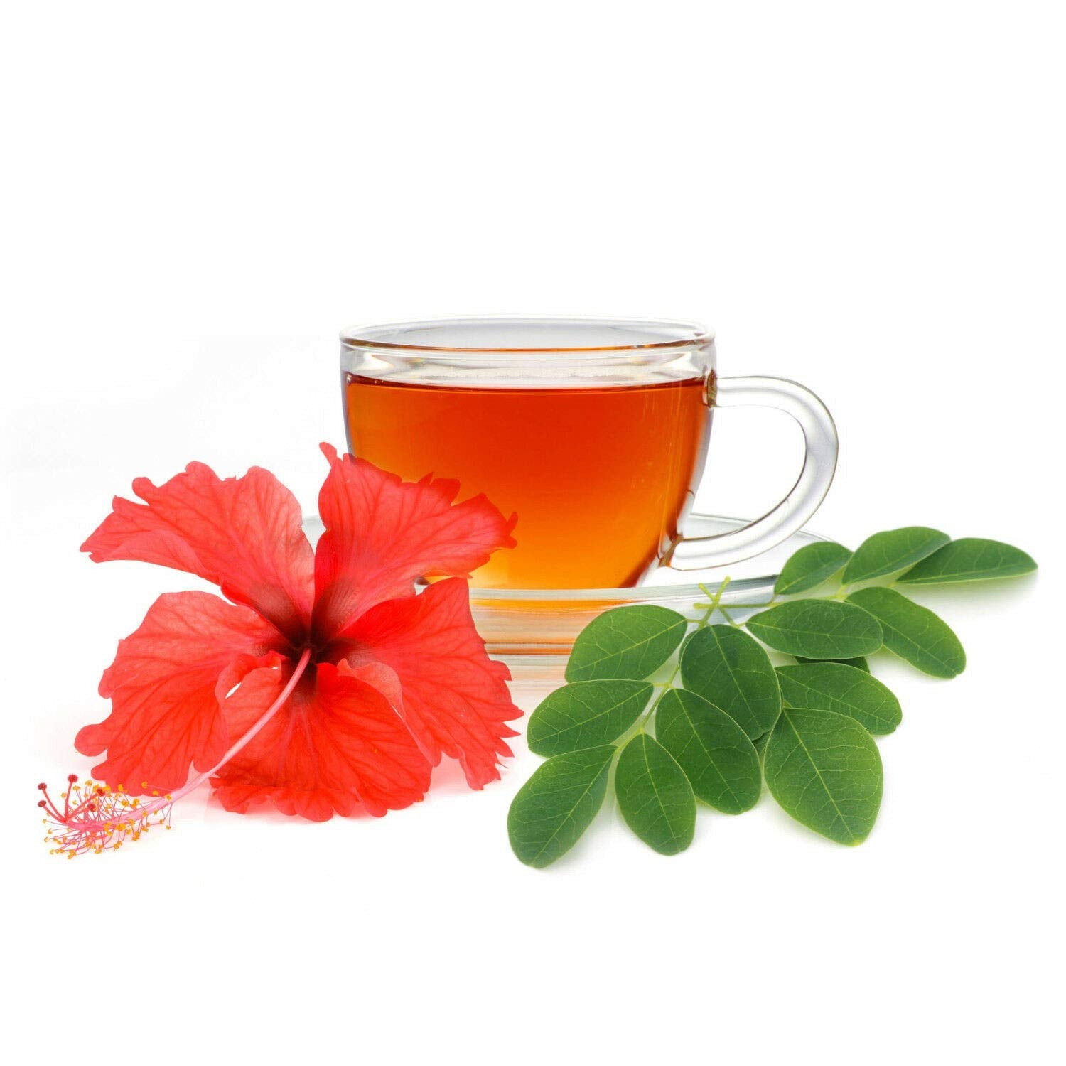 A vibrant cup of Moringa Nutri Tisane featuring turmeric, nettle leaf, and hibiscus petals with a rich ruby-gold color and a tart berry-citrus aroma